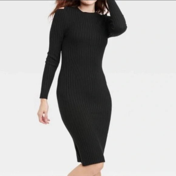 Women's Long Sleeve Cold Shoulder Sweater Dress - A New Day Black S - Picture 3 of 3